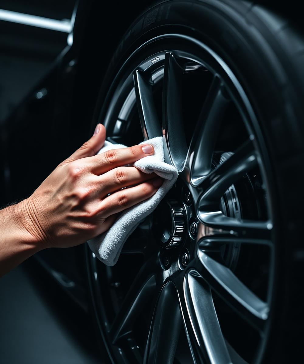 Detailer polishing a luxury vehicle wheel