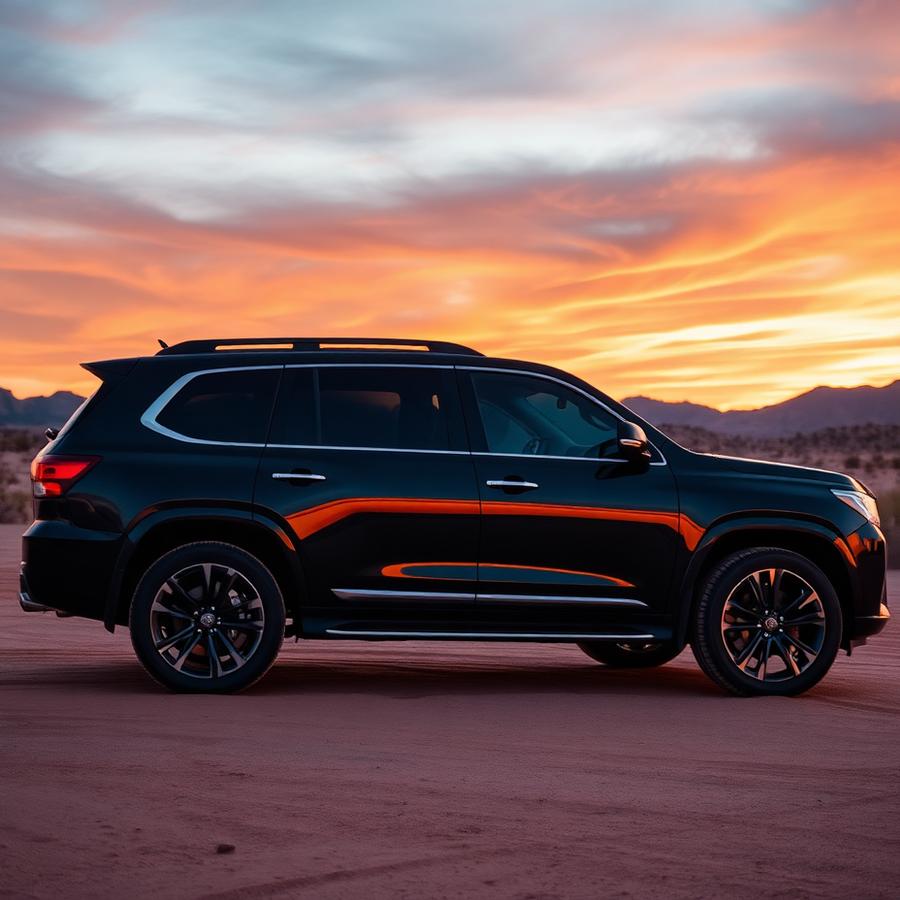 Detailed black SUV at desert sunset